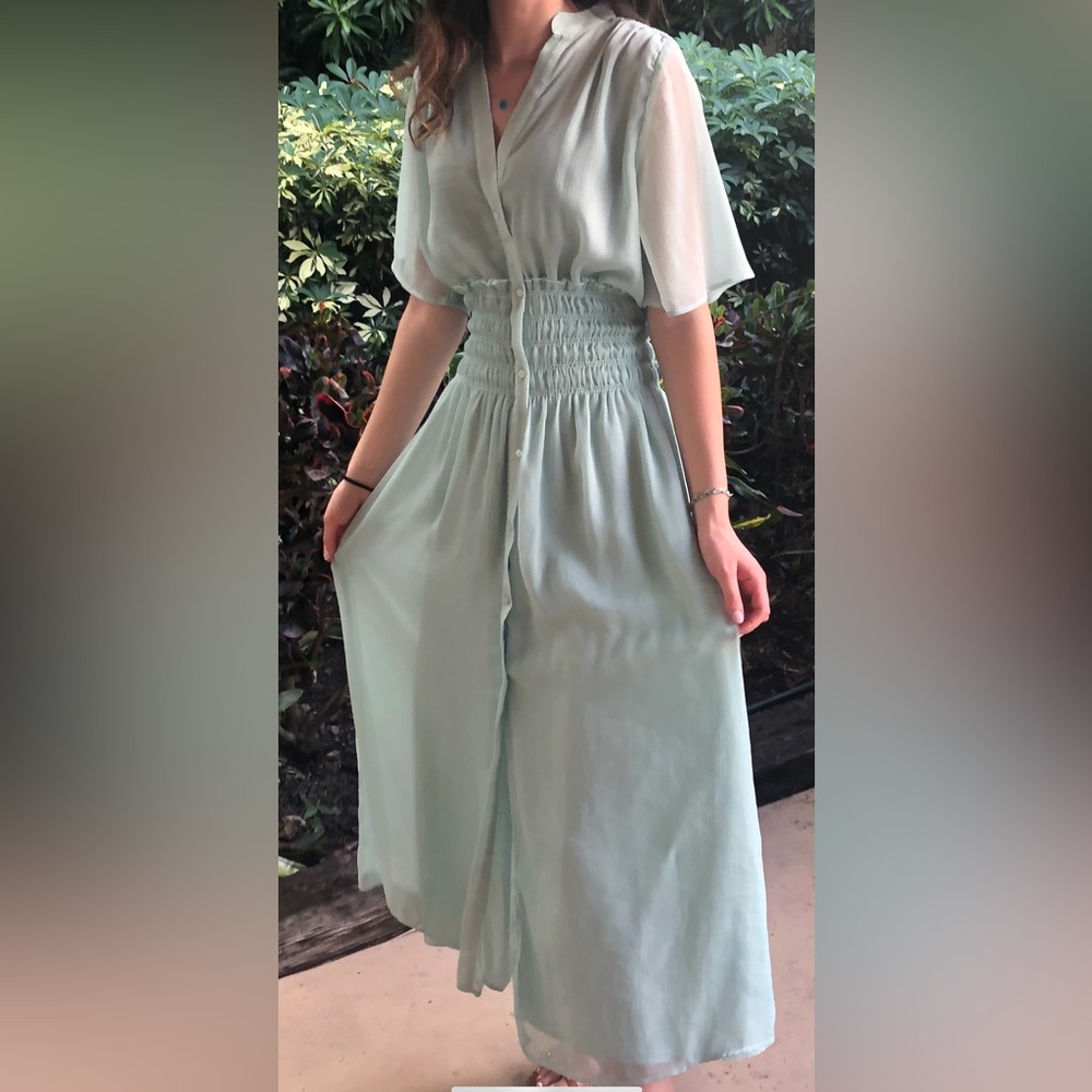Zara Mint Green V Neck Smocked Waist Soft Half Sleeve Maxi Shirt Dress Size XS